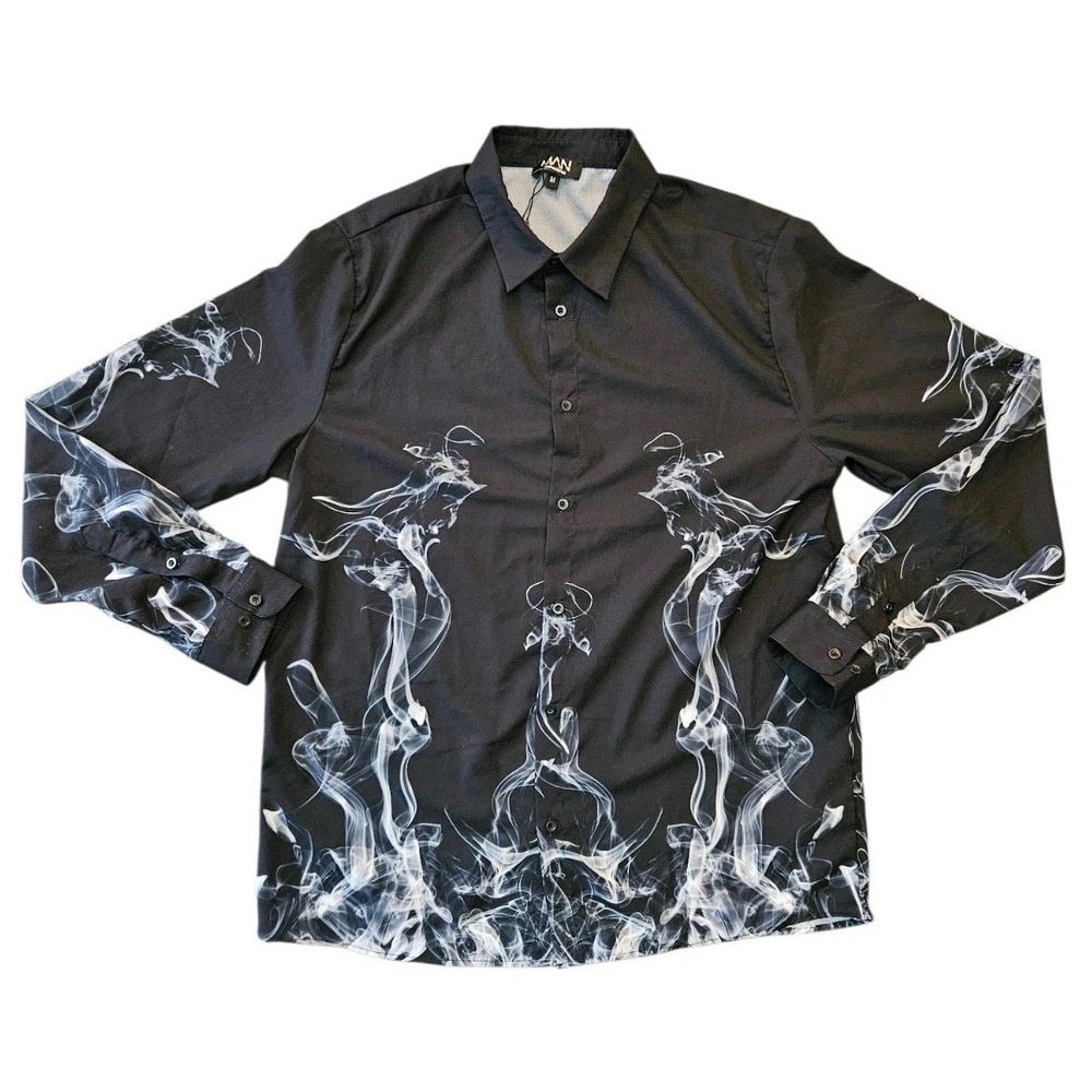 Boohoo Man Black & White Smoke Print Button Down‎ Men's Shirt Print Sz M 38-40.5